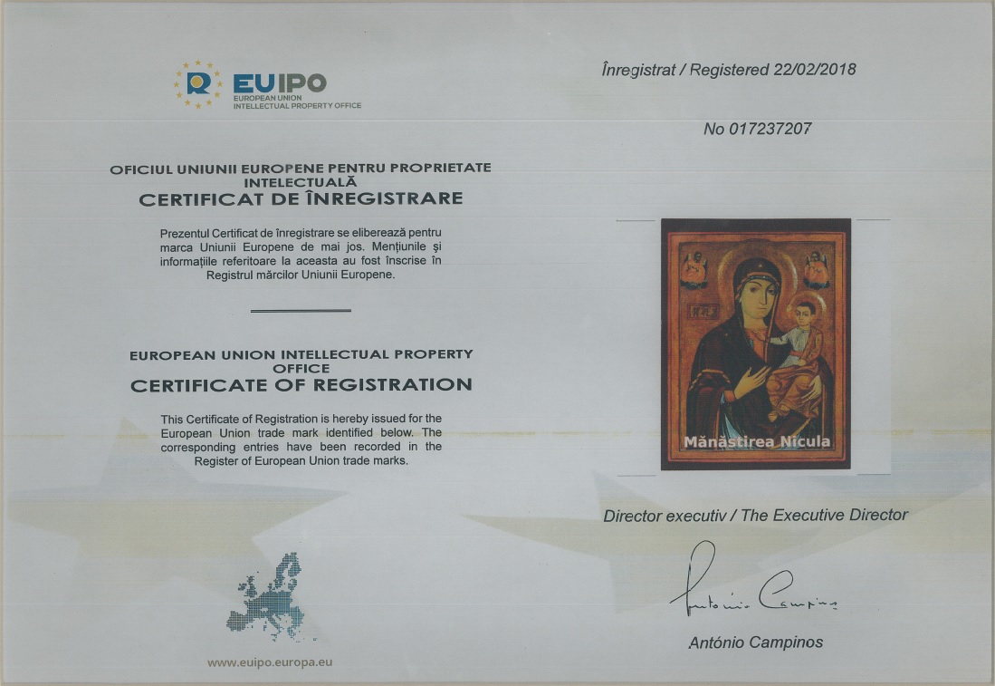 Manastirea Nicula - Certificat marca inregistrata